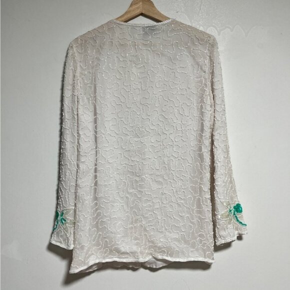 Vintage Cervelle White Beaded Floral Jacket – 100% Silk, Made in India, Small - Picture 10 of 13